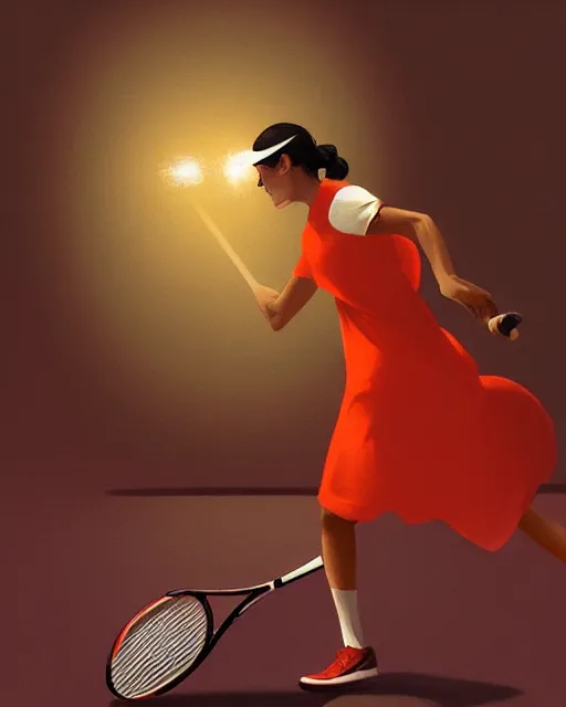 Image similar to woman playing tennis painted by George Tooker volumetric lighting, back lighting, rimlight, dramatic lighting, digital painting, highly detailed, artstation, sharp focus, illustration, Artgerm, Jean-Léon Gérôme , ruan jia