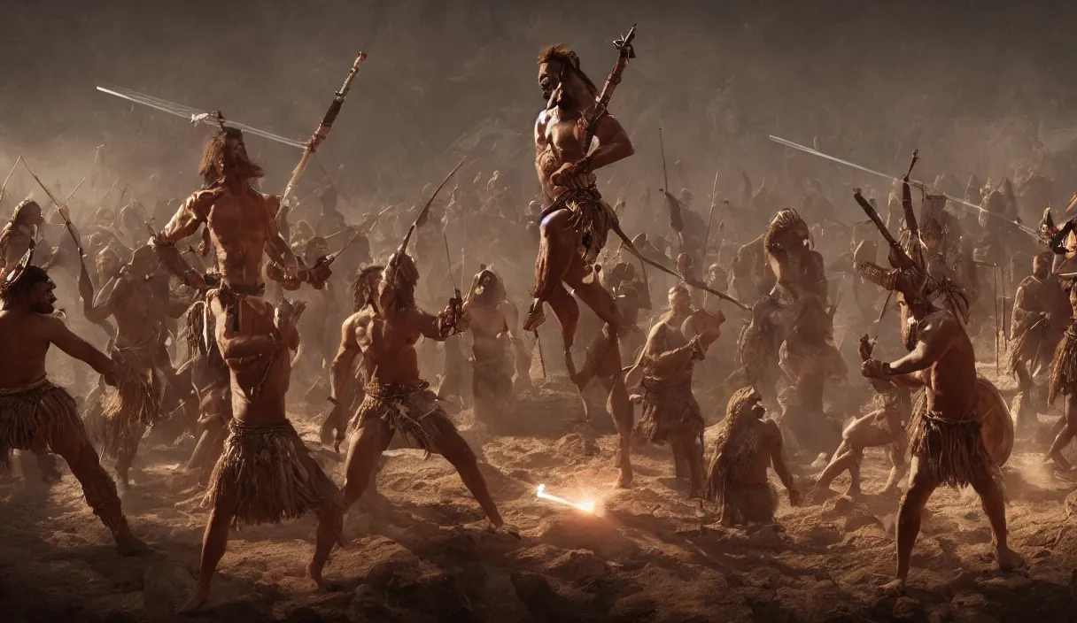 Image similar to an ancient tribesman with laser sword standing in front of barbarian horde, dramatic lighting, cinematic, establishing shot, extremely high detail, photorealistic, cinematic lighting, artstation, octane render, western,old photo, vintage