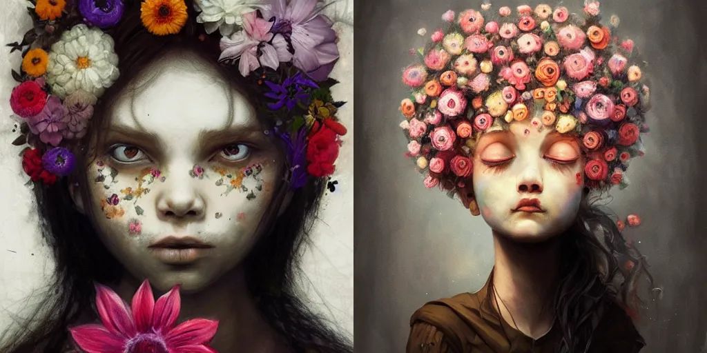 Prompt: The girl made out of flowers, black background, fantasy portrait by Esao Andrews, concept art, existential horror, 4k HD, trending on ArtStation