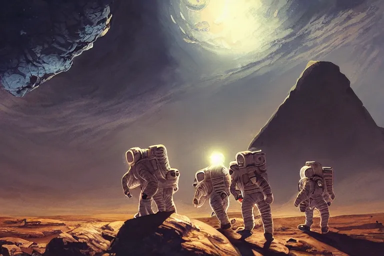 Image similar to a beautiful artwork illustration, astronauts with flashlights stand in front of a giant obsidian monolith on the moon, by greg rutkowski and jesper ejsing and raymond swanland, featured on artstation, wide angle, vertical orientation