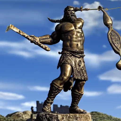 Prompt: a grand bronze statue of a burly muscular viking wielding a halberd, holding a hanging ancient scale balance in one outstretched hand, with a small building located on the scale balance, flowing hair and long robes, regal and menacing visage, built in a verdant field surrounded by ancient ruins, twilight sky, enhanced 4 k stylized digital art