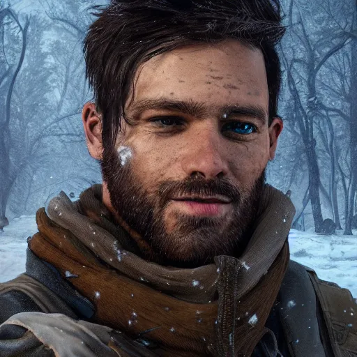 Image similar to A comic book style portrait painting of a male ranger in a a post apocalyptic winter landscape, unreal 5, DAZ, hyperrealistic, octane render, RPG portrait, ambient light, dynamic lighting