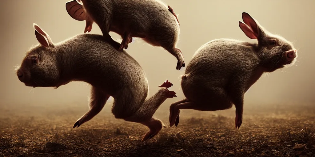 Image similar to a decomposing rabbit dancing with a pig, skulls litter the ground, 1 6 k, photorealistic, cinematic composition, movie concept art, cinematic composition 8 k, intricate detail, high detail, hd, octane render, unreal engine, v - ray, cinematic lighting, octane, volumetric lighting, dark moody lighting, atmosphere, mist, fog, matte painting, extreme long shot