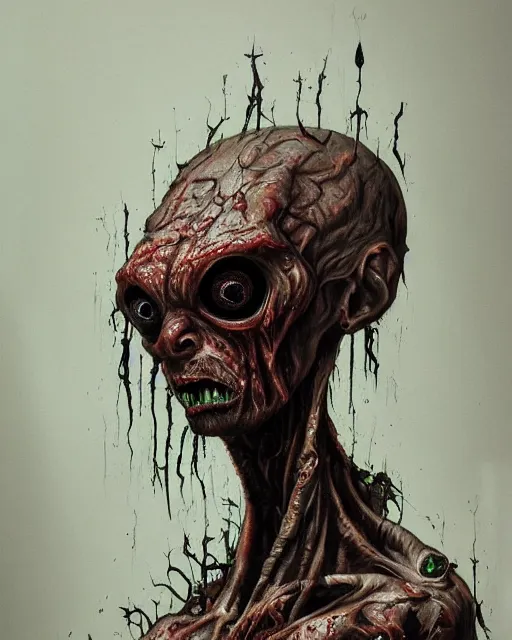 Image similar to Haunting horrifying hyperrealistic detailed painting of a tall slim flesh extraterrestrial creature covered in thick black blood, heavy metal, disgusting, creepy, unsettling, and bloodshot eyeballs, hyper detailed, trending on Artstation