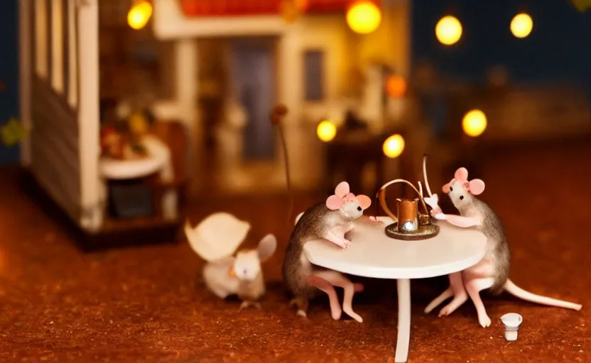 Prompt: mini cafe diorama macro photography, mice on a date, ambient, atmospheric photograph, string lights, romantic