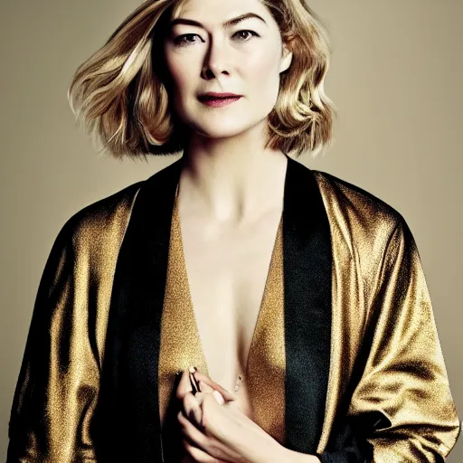 Image similar to rosamund pike wearing black robe and golden necklace cinematic photoshoot high quality highly affordable photo realistic 8 k hd