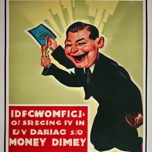 Prompt: 1 9 5 0 american propaganda poster warning the danger of money, featuring a grinning chubby dude in suit