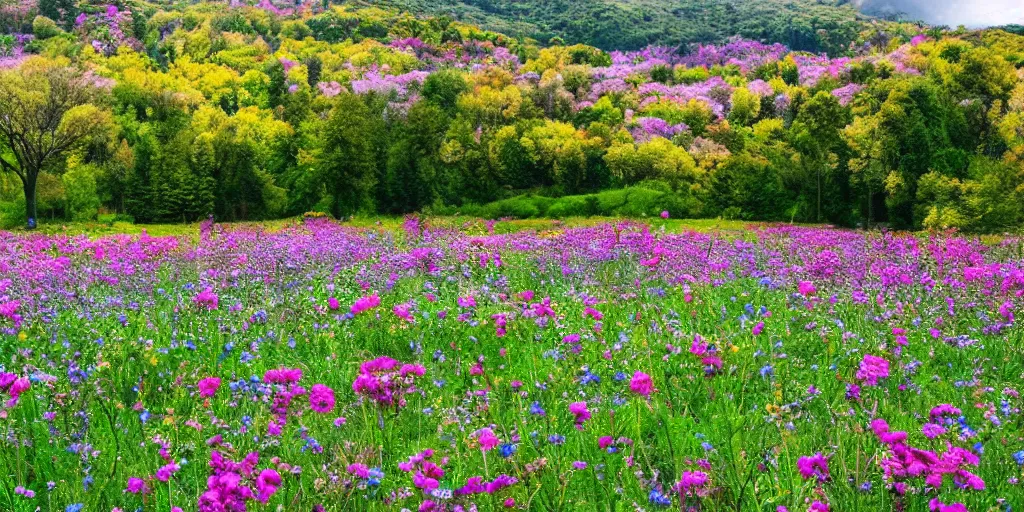 Image similar to flower meadow with lots of blooming trees, beautiful landscape