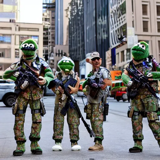 Image similar to muppet puppet special forces in an urban battle field.