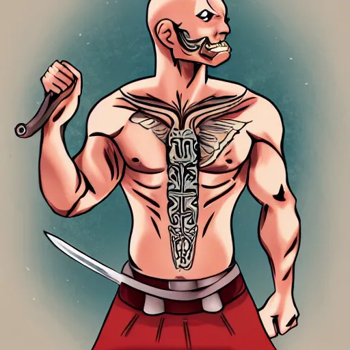 Image similar to muscular bald man, tattooed body, sword in hands, HD, anime style,