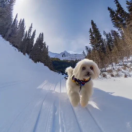 Prompt: a cream-colored havanese dog backcountry alpine skiing , gopro photo, 4k