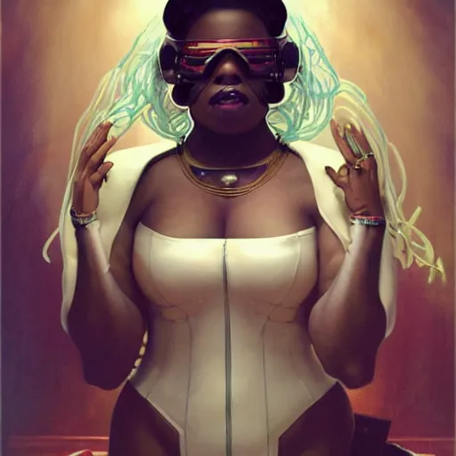 Image similar to cyberpunk fat oprah winfrey head domme mistress, full body, dominatrix, tribal, smooth white tight clothes suit, ornate, very beautiful, concept art, realistic painting, androgynous, afrofuturism, daz 3 d, cinematic, cgsociety, digital art by greg rutkowski, by alphonse mucha,