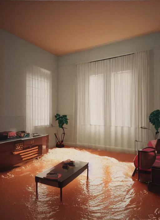 Image similar to kodak portra 4 0 0 photographic and realistic, 7 0 s living room, detailed, octane render, 4 k, hyper realistic, only floor flooded, wide angle, 2 8 mm, sharp focus, soft light, volumetric light fog,