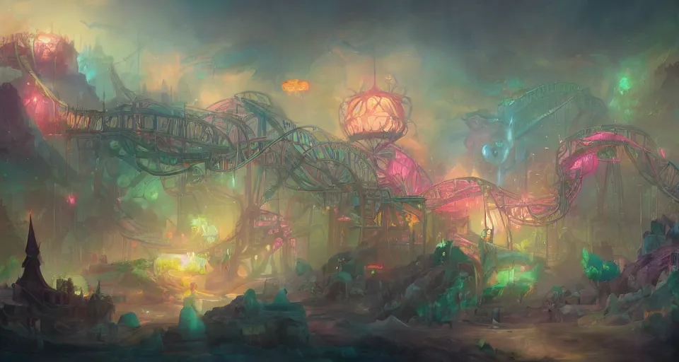Image similar to a roller coaster with Pastel coloring by peter mohrbacher, vivid colors, matte painting, 8K, concept art, mystical color scheme, trending on artstation
