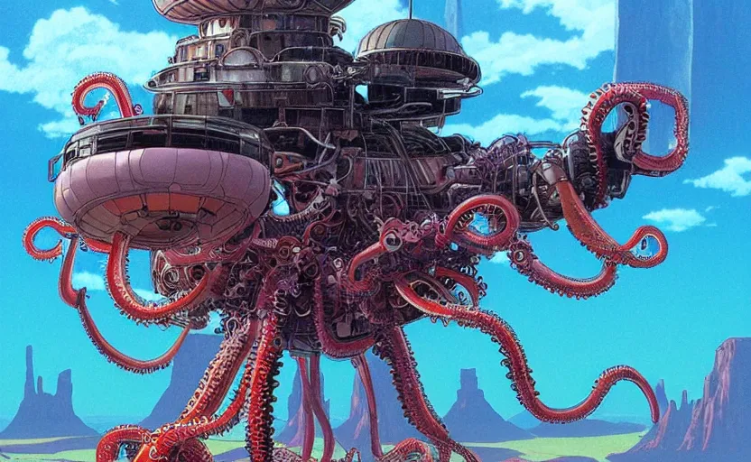 Image similar to a realistic cell - shaded studio ghibli concept art from paprika ( 2 0 0 6 ) of a flying intelligent multi - colored mechanical octopus from close encounters of the third kind ( 1 9 7 7 ) in a flooded monument valley. very dull colors, wide shot, hd, 4 k, hq