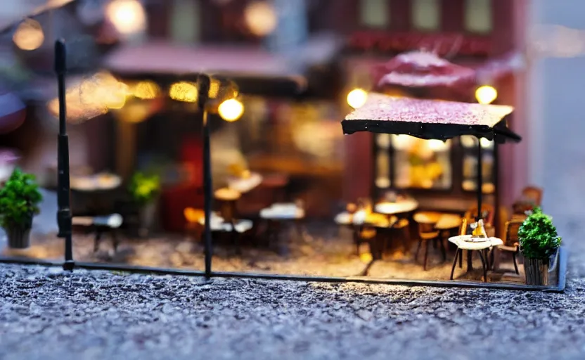 Prompt: mini cafe diorama macro photography, [ [ bokeh lights ] ], ambient, atmospheric photograph