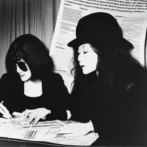 Prompt: courtney love plotting with yoko ono to steal the u. s. constitution, heist, conspiracy, 1 9 6 9 photo, newspaper