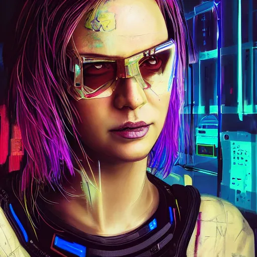 Image similar to “high detail portrait of a Cyberpunk girl, digital art, concept art, neon colors, studio lightning, high contrast, sharp focus, hiperrealist, photorealist, Artstation HQ, DeviantArt, cybernetics, techwear, urban samurai, netrunner, Shadowrun, Cyberpunk 2077, Deus Ex, 4k UHD, Unreal Engine 5”