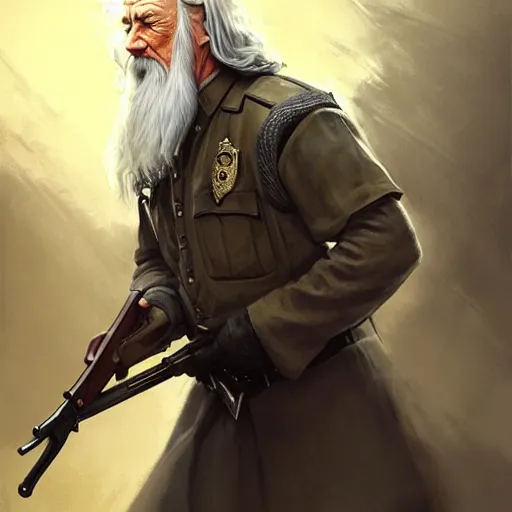 Image similar to policeman gandalf looking quizzically at an ak - 4 7 that he's holding up, art by artgerm and greg rutkowski and magali villeneuve, d & d, fantasy, highly detailed, digital painting, trending on artstation, concept art, sharp focus, illustration