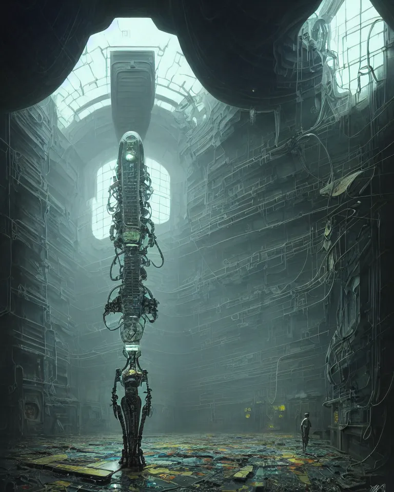 Image similar to low angle shot of a cyberpunk robot character inside a chernobyl room, intricate, elegant, highly detailed, centered, digital painting, artstation, concept art, smooth, sharp focus, illustration, artgerm, tomasz alen kopera, peter mohrbacher, donato giancola, joseph christian leyendecker, wlop, boris vallejo