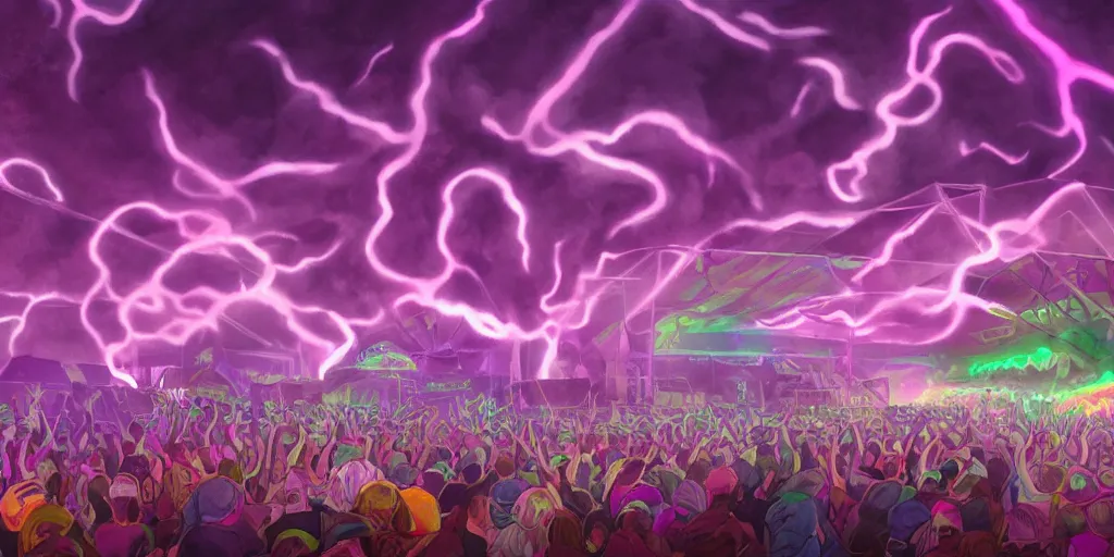 Prompt: view from stage as purple lightning strikes while rapper performs at festival, psychedelic light show, digital art, vapor wave, hip hop, trending on Artstation, professional artist, detailed, 4k