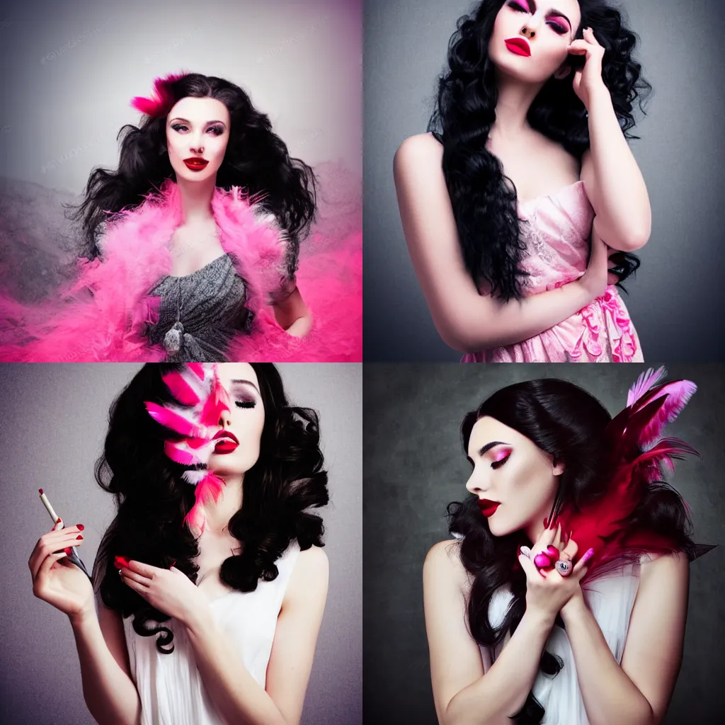 Prompt: beautiful woman with long black curled hair and red lipstick wearing a flowing white dress surrounded by pink and grey feathers background photo real dreamy volumetric lighting