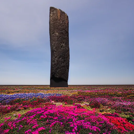 Prompt: A very intrincated and ominous tall black Rock stands in the middle of an plain covered with colorful flowers