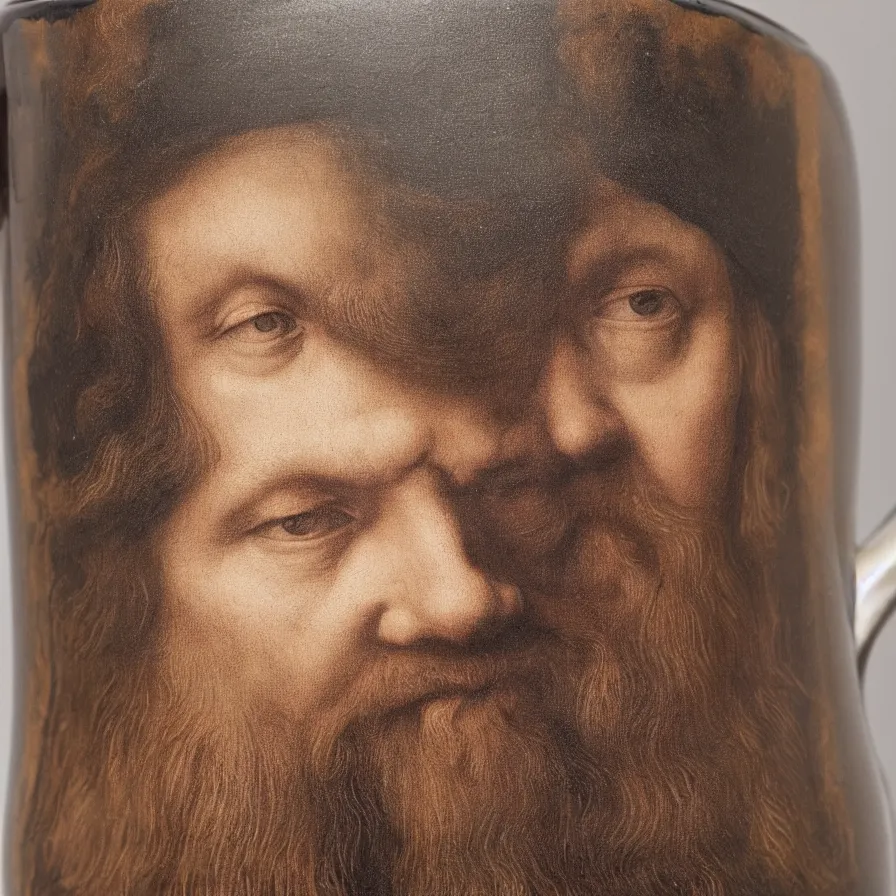 Prompt: beautiful close - up studio photograph of a hand - thrown stoneware mug painted with albrecht durer self portrait on a wooden table, hyperrealism 8 k trending on artstation