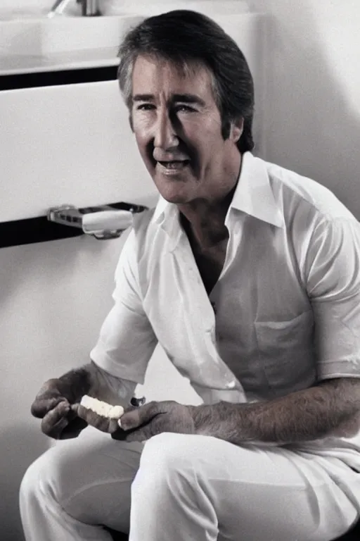 Image similar to randy mantooth in white underpants, eating a chocolate twinkie, sitting on a dirty toilet