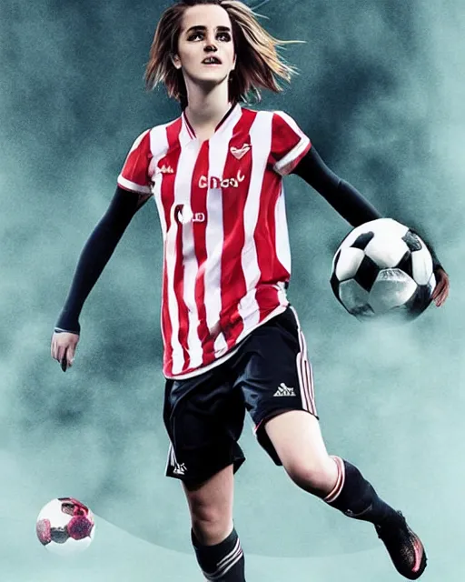 Image similar to a portrait of emma watson as a lokomotiv football player, hyper realistic