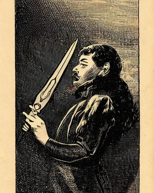 Image similar to 19th century wood-engraving of Ryūko Matoi cosplayer holding Scissor Blade, whole page illustration from Jules Verne book, art by Édouard Riou Jules Férat and Henri de Montaut, frontal portrait, high quality, beautiful, highly detailed, removed watermarks