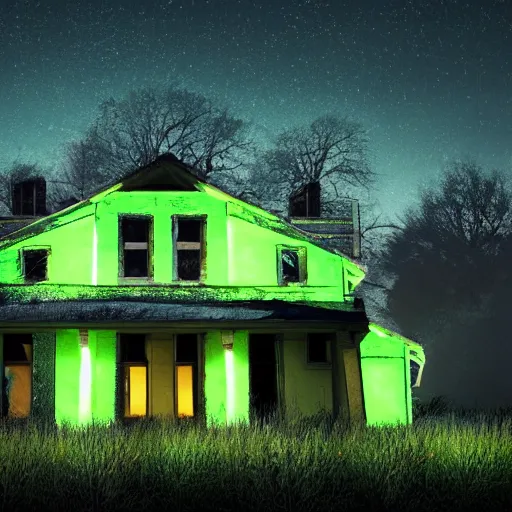 Prompt: abandoned house with green light emitting from the windows, it is night, very dark, volumetric lighting