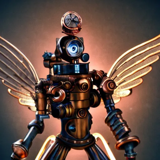 Image similar to a steampunk robotic angel with gun arms shooting, intense, extremely detailed, anime, sparks, clouds, sky, beautiful, sunny, copper, pipes, rusty, metal, cinematic lighting, sharp focus, copper wings,