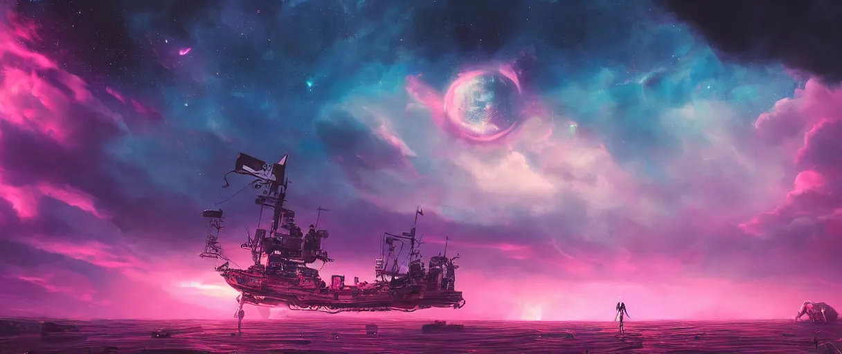 Image similar to space, hyperdetailed illustration, portrait big dark dog, mohawk, stars, pink, neon, oil painting, rich deep colors masterpiece, pirate neon ship, ultra detailed, contrast, heaven pink, clouds, volumetric light, atmospheric lighting, dramatic, cinematic, moody, octane render 4 k, 8 k