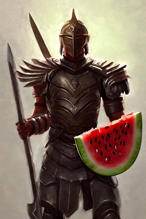 Prompt: a spartan king with a watermelon as shield, intricate, headshot, key visual, conceptart, ambient lighting, highly detailed, digital painting, artstation, concept art, sharp focus, by makoto shinkai and akihiko yoshida and greg manchess