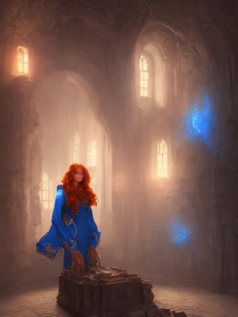 Prompt: daily life portrait of a ginger maiden inside a castle, god ray, gloomy, strong subsurface scattering, cobalt blue, symmetrical, highly detailed, digital painting, artstation, art by artgerm and greg rutkowski, concept art, smooth, sharp focus, illustration, cinematic lighting, 8 k resolution