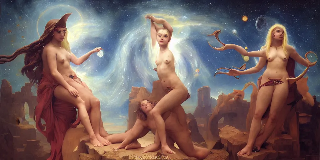 Image similar to oil portrait painting, etheric majestic beautiful females, hybrid atlantean elsa jean, fantasy warrior, epic battle, great anubis leviathan turtle, stellar space, cosmic celestial castle, universe, nebula, birds eye view, digital art, airbrush, regal, refined, theophanic atmosphere, william - adolphe bouguereau, michael whelan, unreal engine, 8 k hd