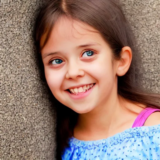 Image similar to a young girl with big eyes smiling for the camera