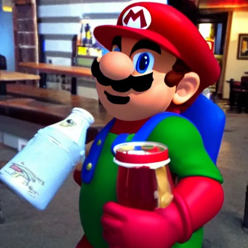 Image similar to super mario chugging a beer and getting drunk at a bar with the boys