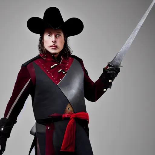 Image similar to photo of elon musk as a musketeer, he has a big black hat with a red feather, he is holding a shiny rapier sword and he is looking straight to the camera, gray background, studio lighting, 4 k, 8 k