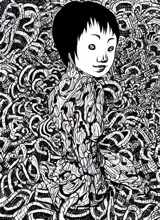 Prompt: junji ito and james jean artwork