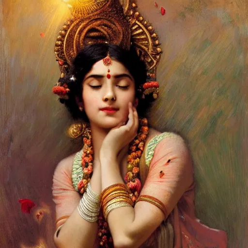 Image similar to detailed portrait of hindu traditional girl with high - tech vr headset in baroque painting, girl graceful, eyes closed, painting by gaston bussiere, craig mullins, j. c. leyendecker, lights, art by ernst haeckel, john william godward, hammershøi,,