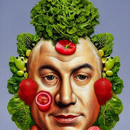 Image similar to portrait of benjamin netanyahu made of fruits vegetables and flowers, by giuseppe arcimboldo