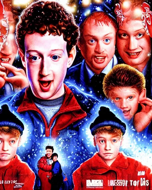 Image similar to mark zuckerberg as kevinin in home alone, airbrush, drew struzan illustration art, key art, movie poster