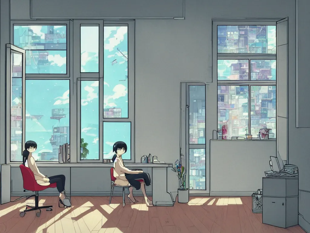 Prompt: beautiful drawing of a single female in her studio apartment sitting at her computer desk which is in front of a window which looks out to a futuristic city, japan, anime manga style, illustration, in the style of ghibli and hayao miyazaki and satoshi kon and shinichiro watanabe and sui ishida and makoto shinkai