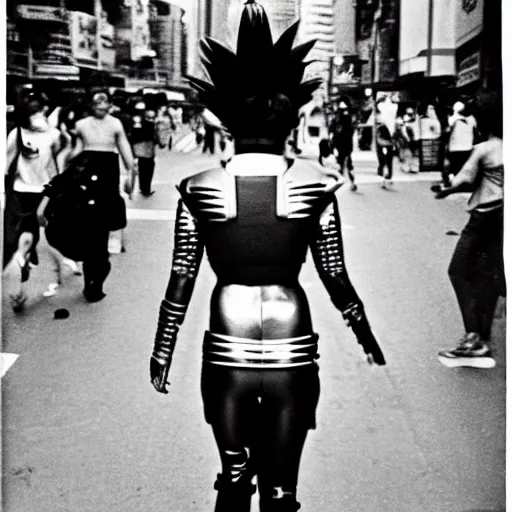 Prompt: Warrior girl, wild spiky black Saiyan hair, wearing chrome armor and black spandex pants, walking through downtown Hong Kong, 1969, Polaroid