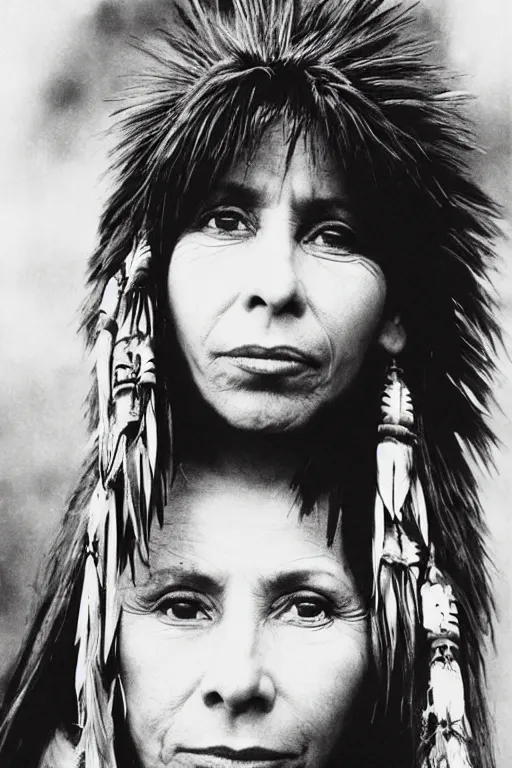 Image similar to Photo of Native American indian woman Mylene Farmer, portrait, skilled warrior of the Apache, ancient, realistic, detailed, Mylene Farmer