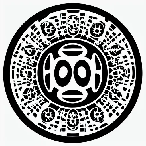 Prompt: professional photograph of a black circle in the middle with tribal symbols behind, black an white, white background