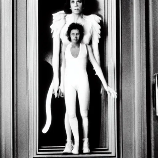 Image similar to detailed still of Ripley-Sigourney Weaver wearing a white singlet and cat Jonesy moving apartment New York City 1983, gothic building entrance way Art Deco, cinematic feel, high octane