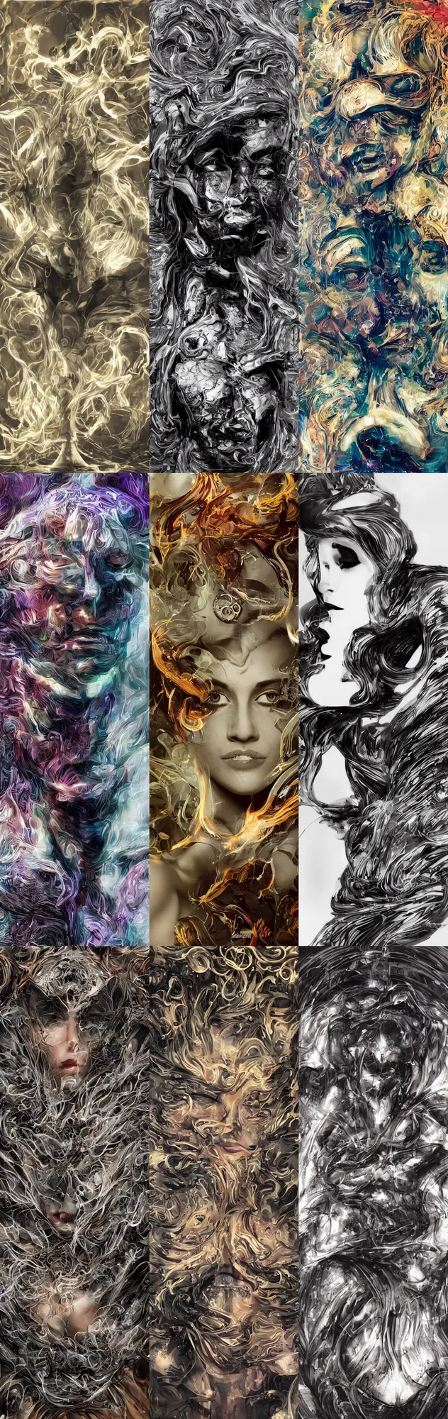 Prompt: epic illustration, digital abstract sculpt of beautiful female face body and black swirling latex acrylic portrait, black latex sculpt, mechanical superstructure, sacred geometry, glowing edges, magic hour, beautiful light, sculpture of carving marble, dark colors, filigree ornaments, one point light, clockwork, epic matte painting, concept art, bokeh, digital painting